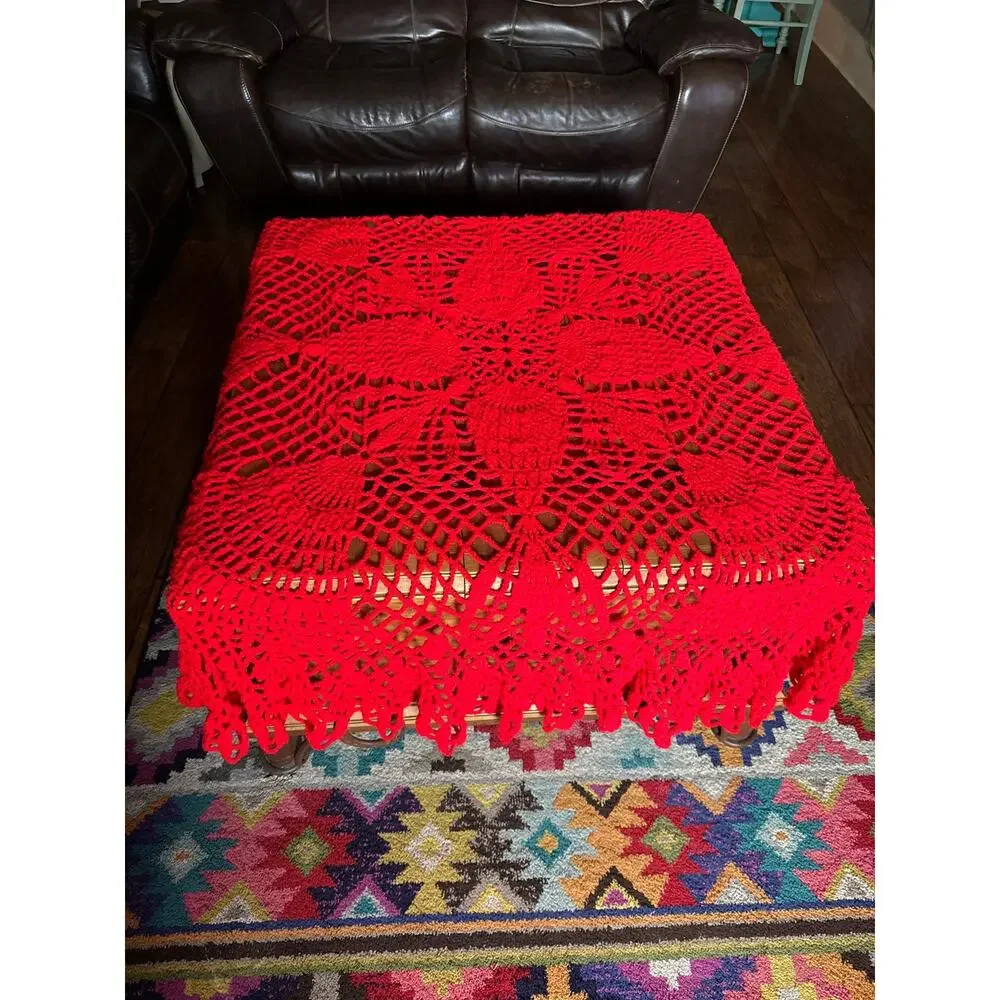 Handmade‎ Crochet Throw Tablecloth Red